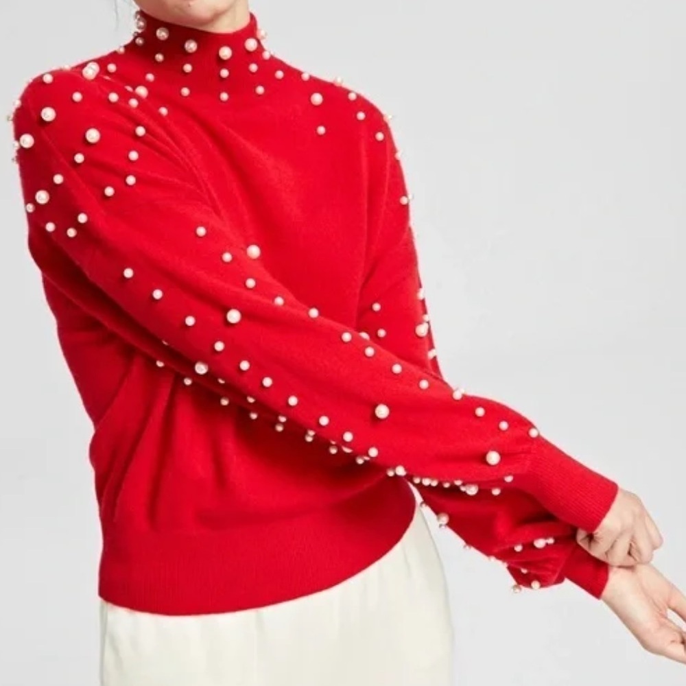 NWT! Charter Club Luxury 100% Cashmere Red Pearls Mock Neck Bubble Sweater XS